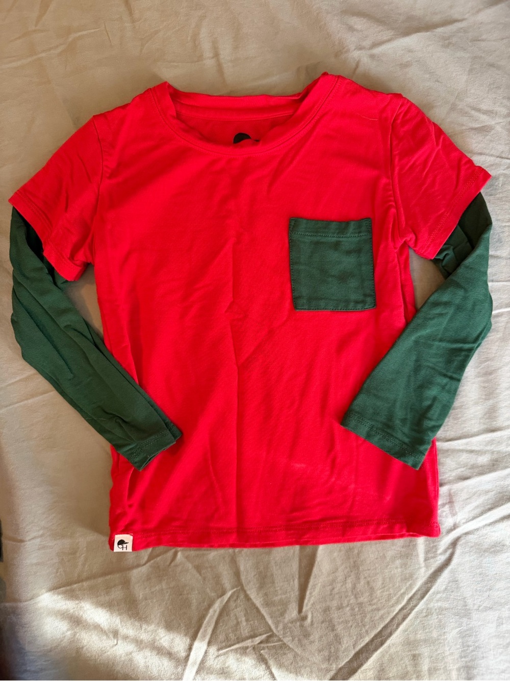 Kids Red Long-Sleeve Layered-Look Tee with Green Pocket